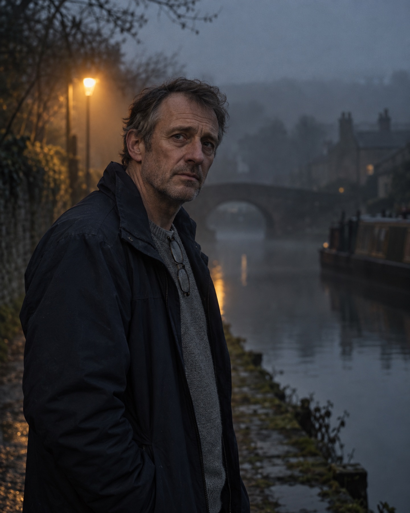 Bernard on the towpath at dusk, a tall man in a navy jacket with greying hair